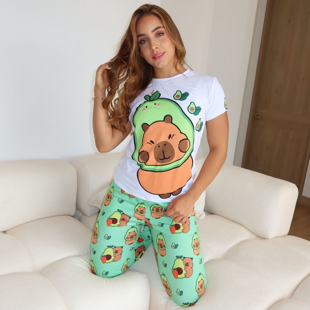 Women's Avocado Bear Pajama Set - White and Green One Size New